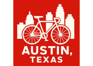 Symbolic image with bicycle over top of iconic image of downtown Austin, Texas.