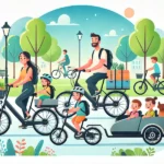 Vector-style image showing many types of cargo e-bikes suitable for families of different sizes.