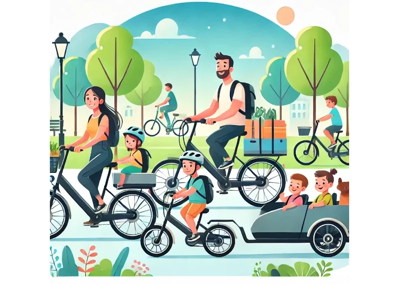 Vector-style image showing many types of cargo e-bikes suitable for families of different sizes.