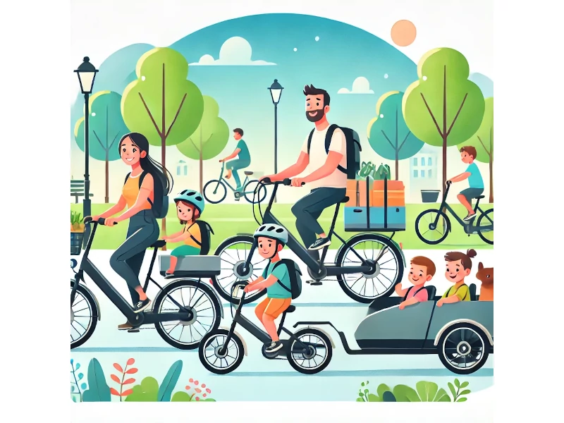 Vector-style image showing many types of cargo e-bikes suitable for families of different sizes.