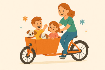 Cartoon-style image of a mother taking her two children and pet dog in a bakfiet box style ebike