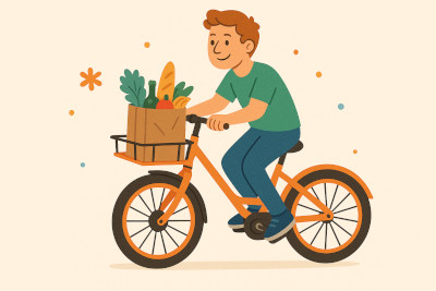 Image of a father riding a cargo ebike with a front rack carrying groceries.