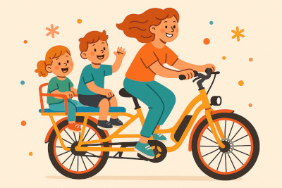 Iconic image of a mother on a family long tail cargo ebike with two children on the back.