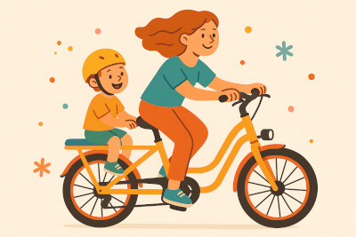 Vector style image of a mom with one child on the back of a mid-tail family cargo e-bike.