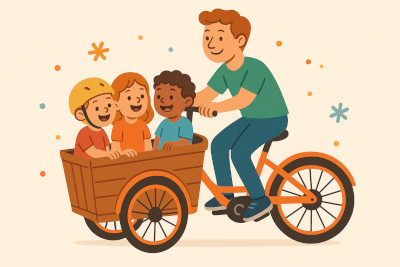 Cartoon style image of a father carrying three children on a front box trike style (two wheels in front, one in back) cargo family ebike.