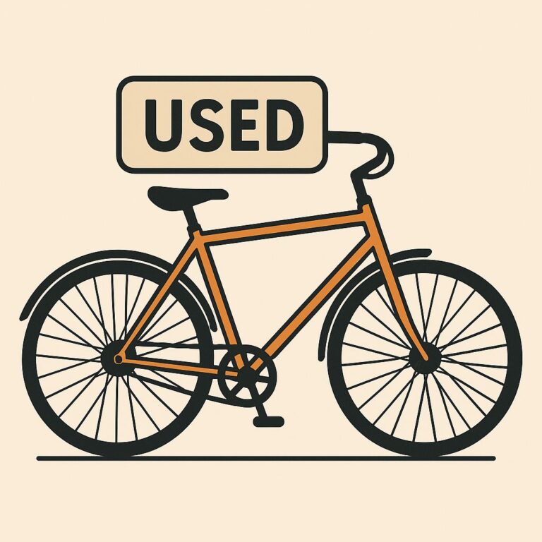 Vector-style mage of a bicycle with a 'Used' sign on it representing used bikes in Oklahoma City, Oklahoma