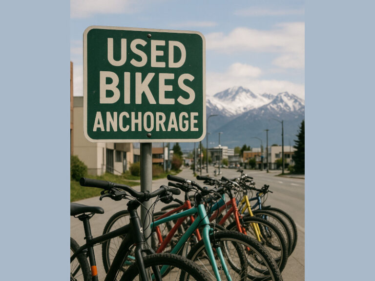 Image of used bicycles with mountains in the background and a sign that says 'Used Bikes Anchorage'