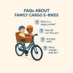 Image of kids in the bucket of an ebike with the words 'FAQs About Family Cargo Ebikes' and a few examples of FAQ questions.
