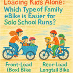 Image of family members on a front-load bike and on a rear-load bike, with the words "Loading Kids Alone: Which type of family ebike is easier for solo school runs"