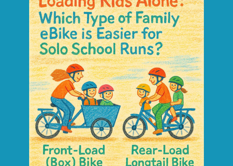 Image of family members on a front-load bike and on a rear-load bike, with the words "Loading Kids Alone: Which type of family ebike is easier for solo school runs"