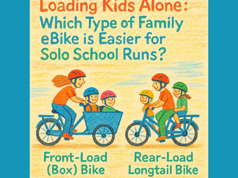 Image of family members on a front-load bike and on a rear-load bike, with the words "Loading Kids Alone: Which type of family ebike is easier for solo school runs"