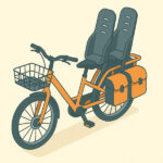 Cartoon drawing of a cargo ebike with two child seats on the rear rack, panniers, and a front basket.