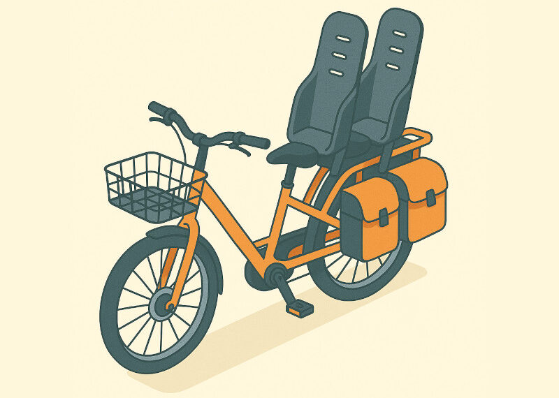 Cartoon drawing of a cargo ebike with two child seats on the rear rack, panniers, and a front basket.