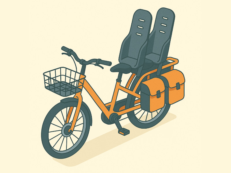 Cartoon drawing of a cargo ebike with two child seats on the rear rack, panniers, and a front basket.