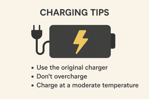 A symbolic image of an e-bike battery with a couple of charging tips listed.