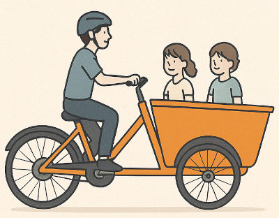 Image of a father riding a front load style ebike with two children in the front box.
