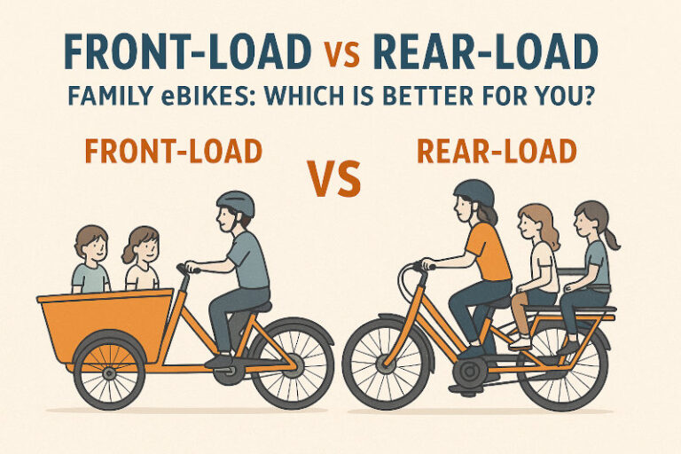 Image showing both a front load and rear load family ebike with kids.