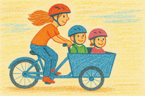 Image of a Mom riding an electric bicycle with two children in the front box, all with smiling faces.