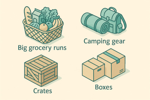 Image of grocery bags, camping gear, crates and boxes.