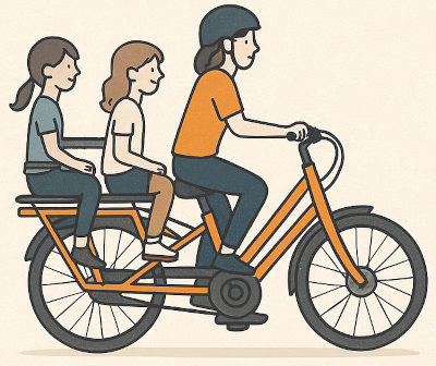 Cartoon style image of a mother driving a rear load famiy ebike with two kids on the back.