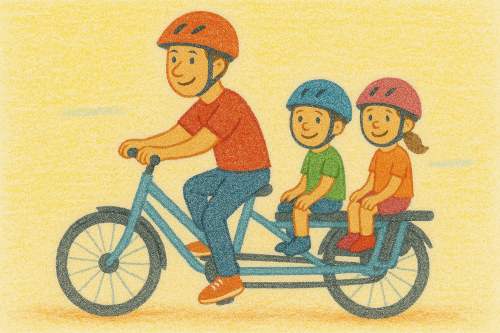 Image of a Dad riding a longtail family ebike with two children on the back, all with smiling faces.