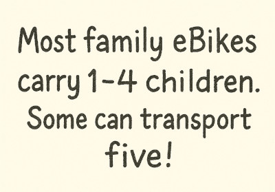 An image with the words "Most family eBikes can carry 1 - 4 children. Some can transport five!"