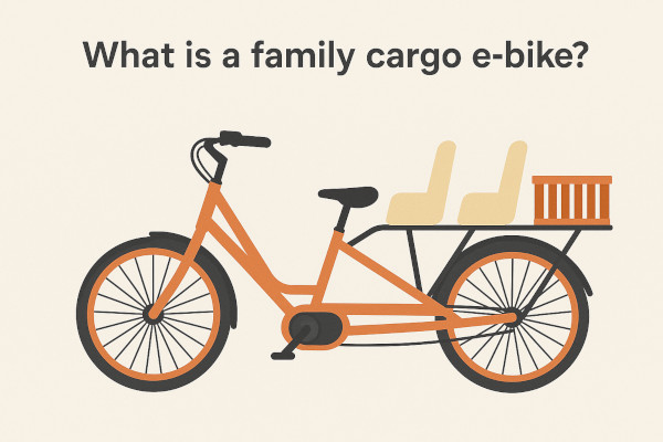 Image of a cargo ebike for families with two child seats and a cargo box on the back.
