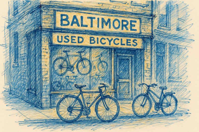 A sketch style image of the front of a a used bicycle shop in Baltimore, Maryland.