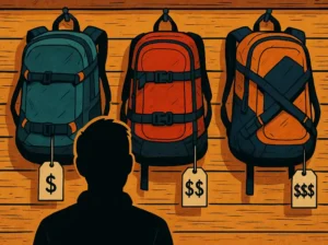 Image of person choosing a snowboard backpack