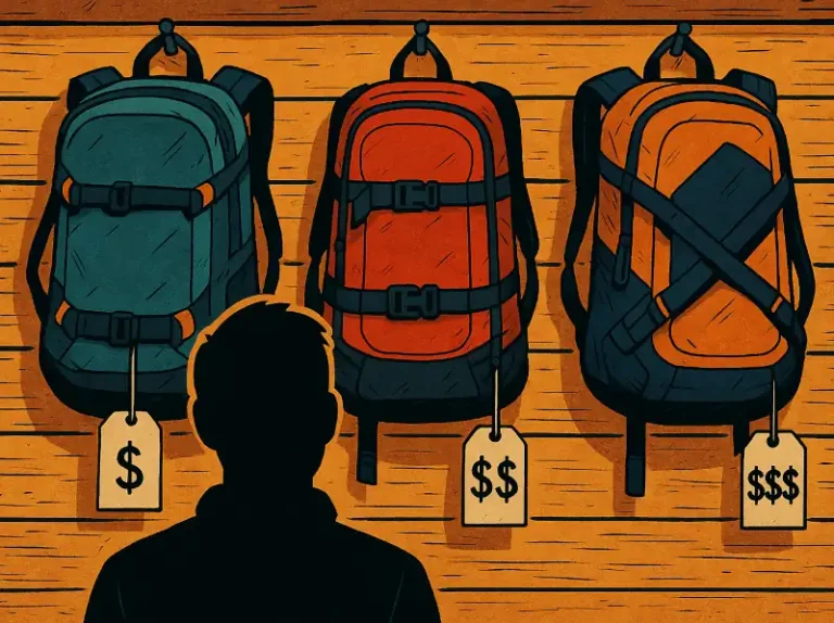 Image of person choosing a snowboard backpack