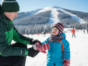 Image of parent helping toddle with ski gloves