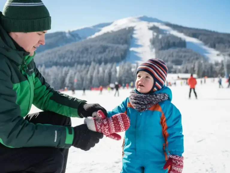 Image of parent helping toddle with ski gloves
