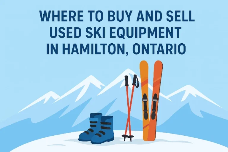 An illustration of snow capped mountains in the background and a hill with ski boots, ski poles and skis on top of it, and the words "Where to Buy and Sell Used Ski Equipment in Hamilton, Ontario'