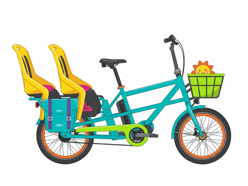 A bright colored vector-style image of a family ebike with many accessories meant to better haul kids and cargo.