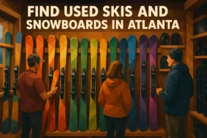 An image depicting people looking at colorful used skis lined up against a wall at a shop in Atlanta GA.