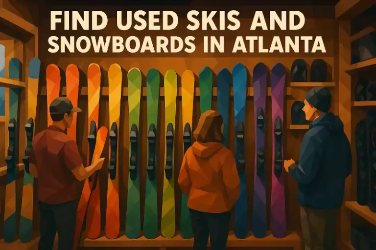 An image depicting people looking at colorful used skis lined up against a wall at a shop in Atlanta GA.