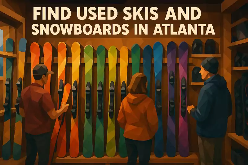 An image depicting people looking at colorful used skis lined up against a wall at a shop in Atlanta GA.