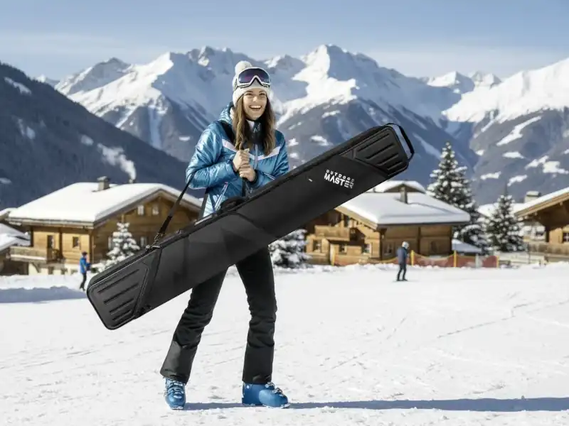 Downhill ski bag in budget, mid‑range and premium categories on snowy resort background