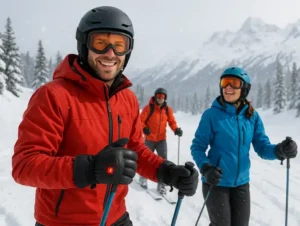 Skiers wearing heated ski gloves while enjoying a snowy mountain slope, showcasing warm and comfortable winter gear for skiing enthusiasts.