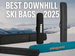A collection of four premium downhill ski bags—Dakine, Thule, Sportube, and Patagonia—displayed on a snowy mountain backdrop under a clear sky. The text “Best Downhill Ski Bags 2025” appears at the top, highlighting the year’s top models known for durability, design, and travel readiness. The scene conveys a modern, adventure-ready feel, ideal for winter sports enthusiasts.