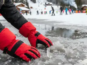 Image of a child plunging gloves into a wet puddle