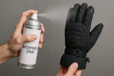 Image of ski gloves being sprayed by waterproofing agent