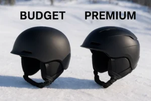 Comparison of budget and premium ski helmets side by side on a snowy slope.