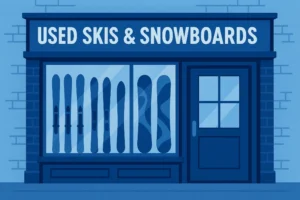 A vector-style image representation of the storefront of a used ski and snowboard shop in blue colors.