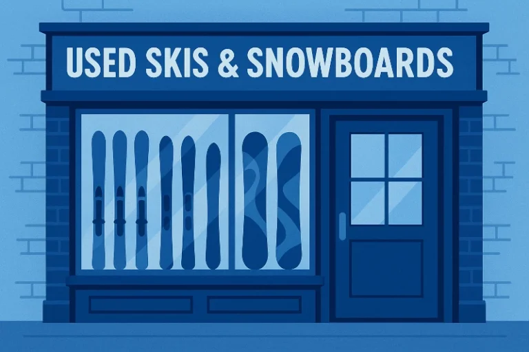 A vector-style image representation of the storefront of a used ski and snowboard shop in blue colors.