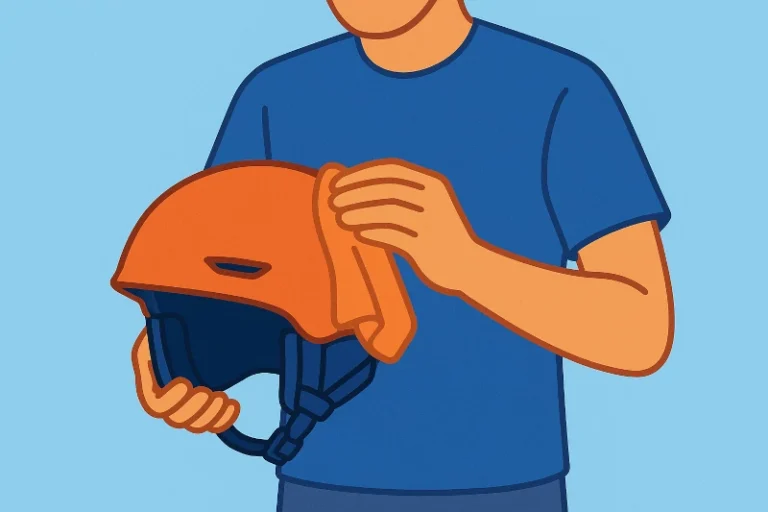A brightly colored cartoon-like image of a person cleaning and caring for their ski helmet.