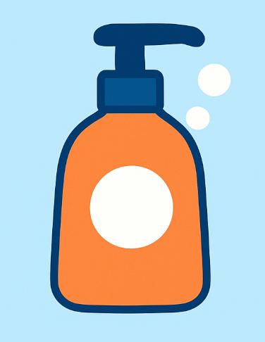 An icon image in orange and blue colors of a bottle of gentle soap to use to clean your ski helmet with. A few bubbles are floating in the air.