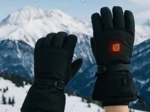 Black heated ski gloves with glowing power button held up in front of snowy mountain landscape.