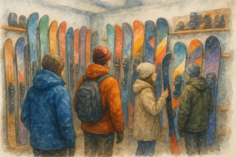 A watercolor-style image of people looking at used skis and snowboards in a small shop.