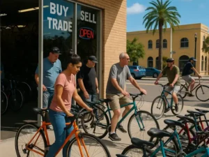 People buying and selling used bicycles outside a Tampa bike shop with 'Buy Sell Trade' signage, representing the local secondhand cycling market in Florida